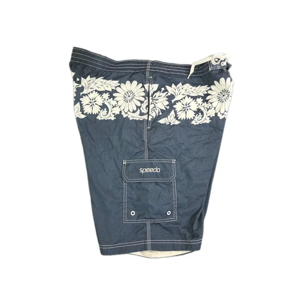 SPEEDO Men's Board Shorts Swim Sz XXL Pockets Drawstring Blue White Floral C40